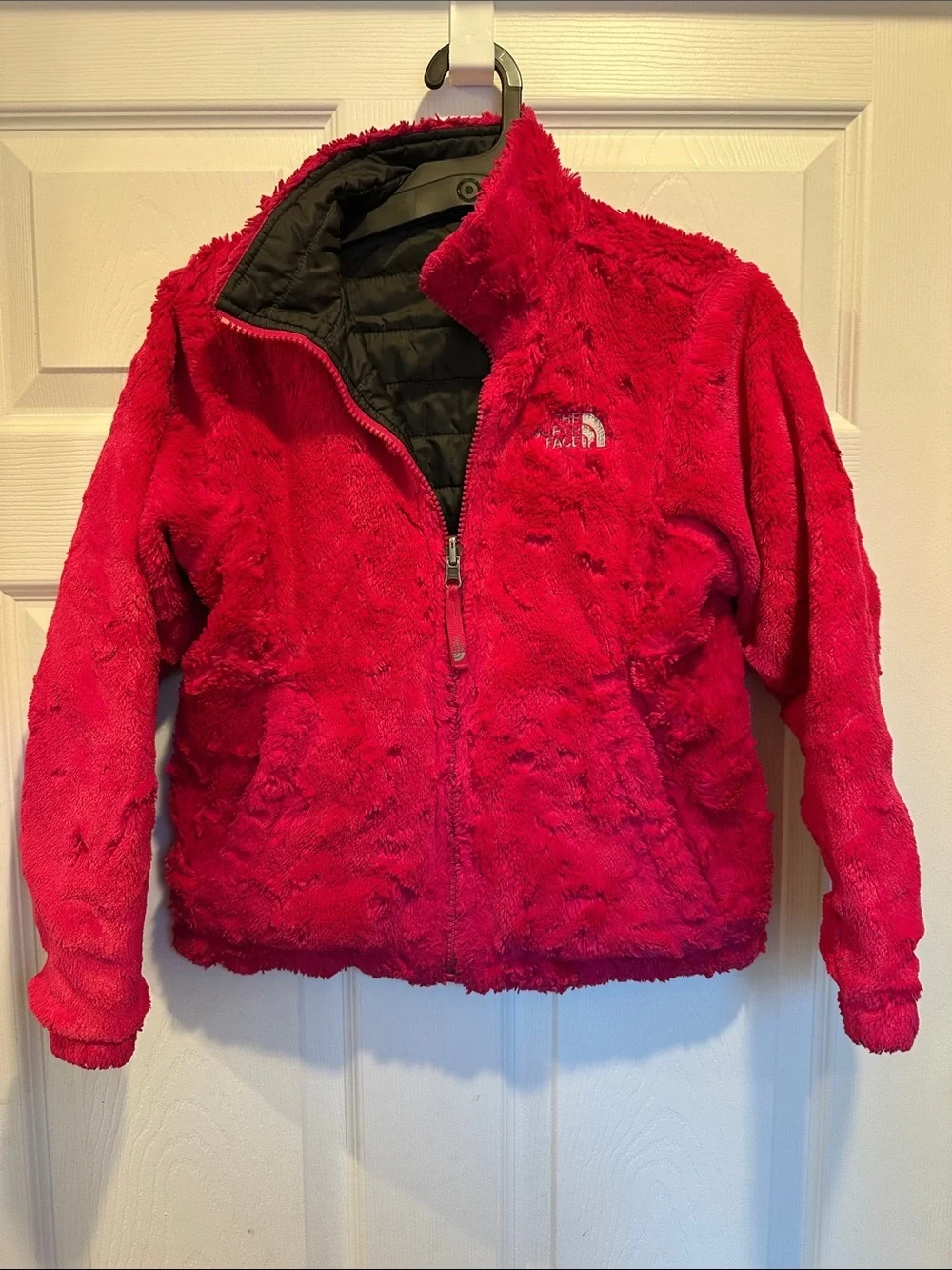 The North Face Girls Reversible Bright Red Plush Fleece Jacket